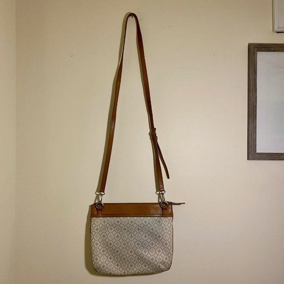 - Fossil Geometric Print Coated Canvas and Leather Crossbody Purse - Picture 3 of 5